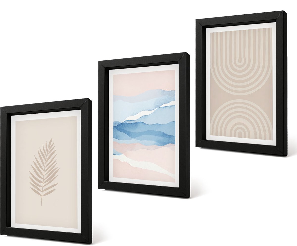 Coloray 4-Delige Schilderij Set - Bladeren en golven in beige en blauwe tinten. - 20 x 30 cm - Decoratieve Schilderijen - Woonkamer - Interieur - Stijlvolle Muurdecoratie