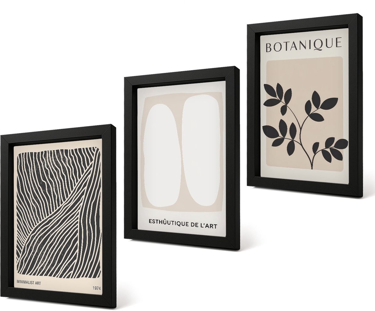 Coloray 4-Delige Schilderij Set - Bloemenpatronen en minimalistische lijnen in neutrale kleuren. - 20 x 30 cm - Decoratieve Schilderijen - Woonkamer - Interieur