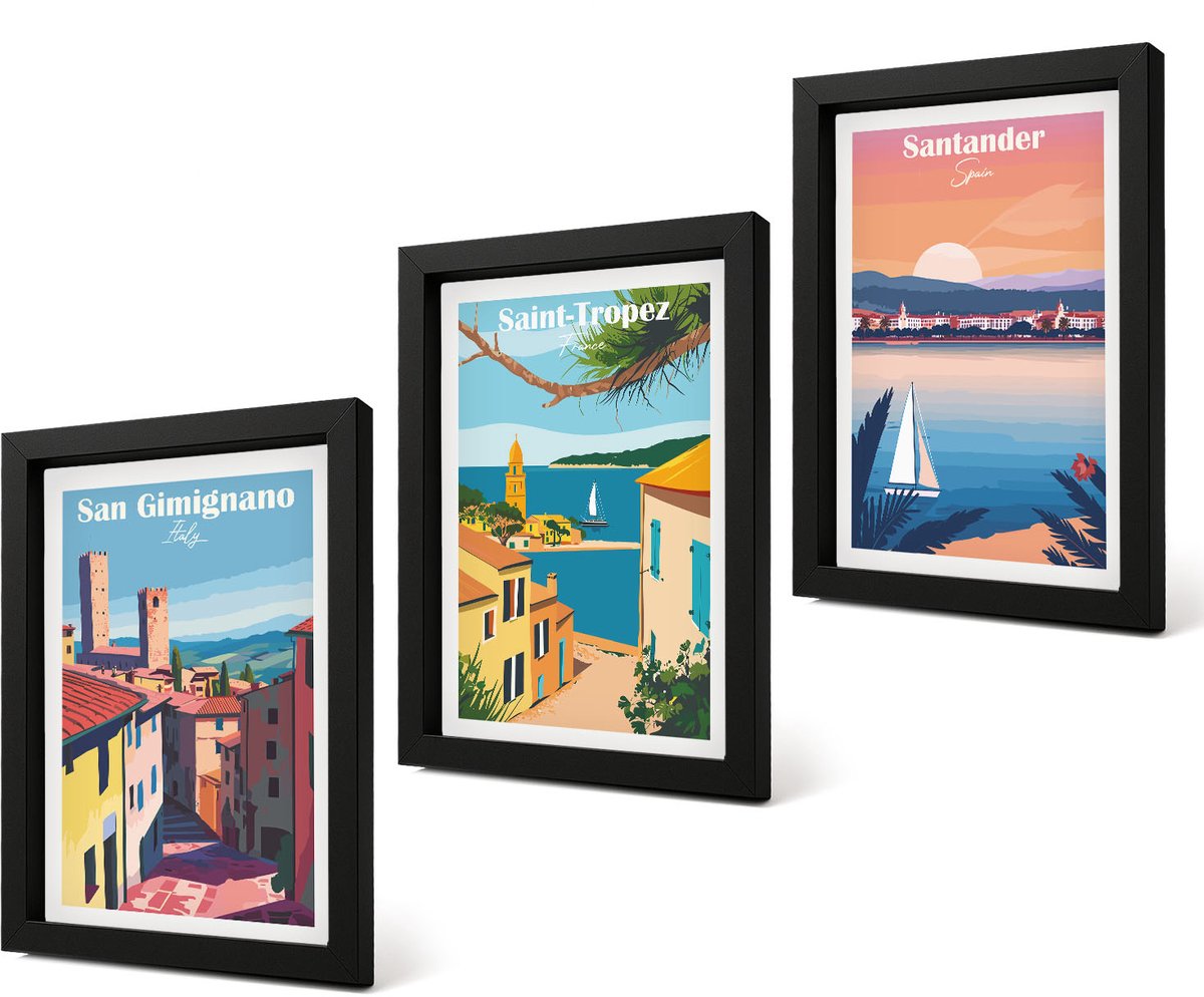 Coloray 4-Delige Schilderij Set - Italiaanse stadjes en retro kustlandschappen - 20 x 30 cm - Decoratieve Schilderijen - Woonkamer - Interieur - Stijlvolle Muurdecoratie