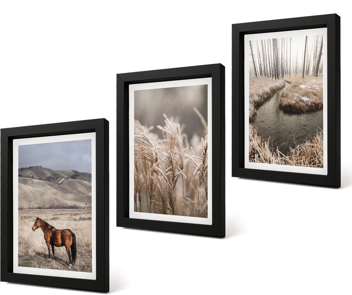 Coloray 4-Delige Schilderij Set - Paarden in een landschap met grassen en een winterbeek. - 20 x 30 cm - Wanddecoratie - Muurdecoratie - Woonkamer - Interieur Decoratie