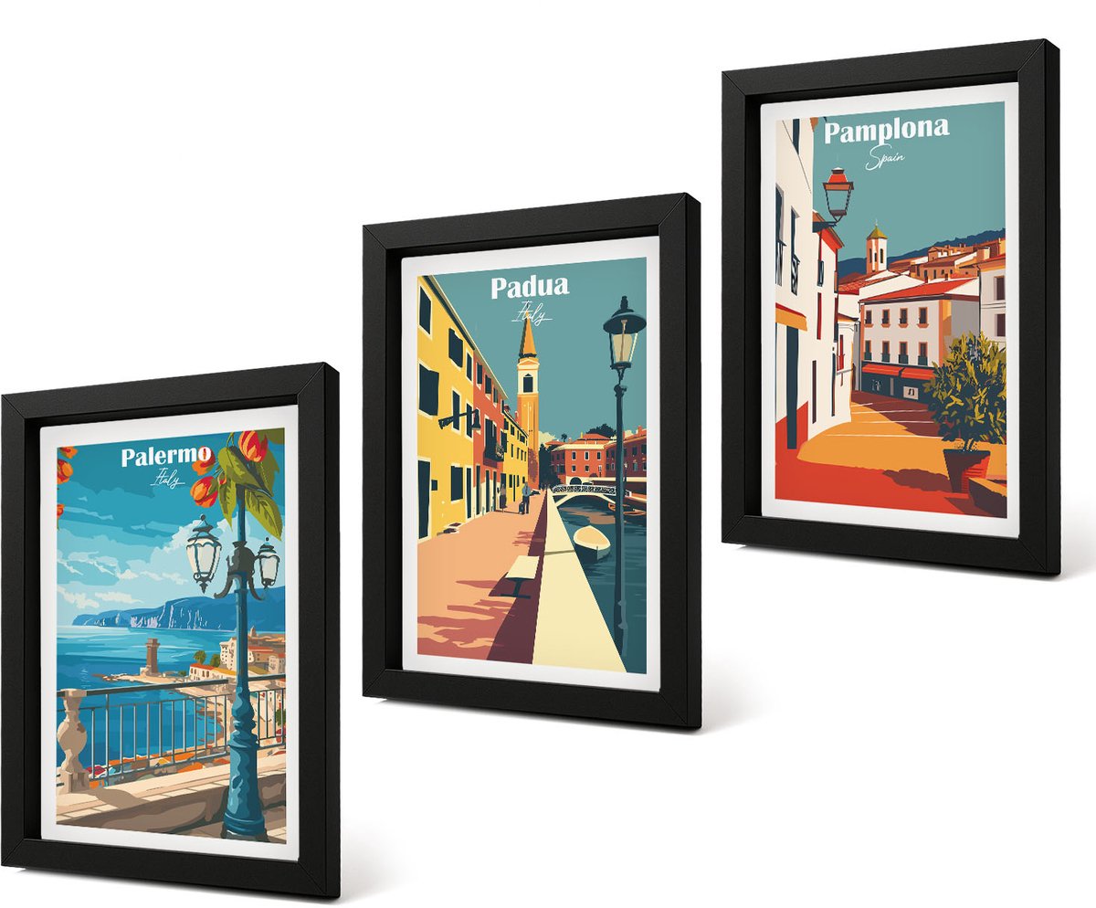Coloray 4-Delige Schilderij Set - Populaire steden in retro illustratieve stijl - 20 x 30 cm - Stijlvolle Wanddecoratie - Interieur - Muurdecoratie