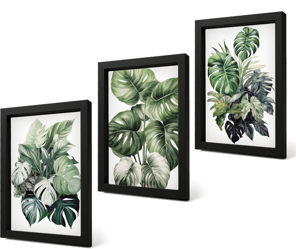 Coloray 4-Delige Schilderij Set - Groene bladeren van tropische planten, aquarelverf - 20 x 30 cm - Decoratieve Muurdecoratie - Slaapkamer - Wanddecoratie