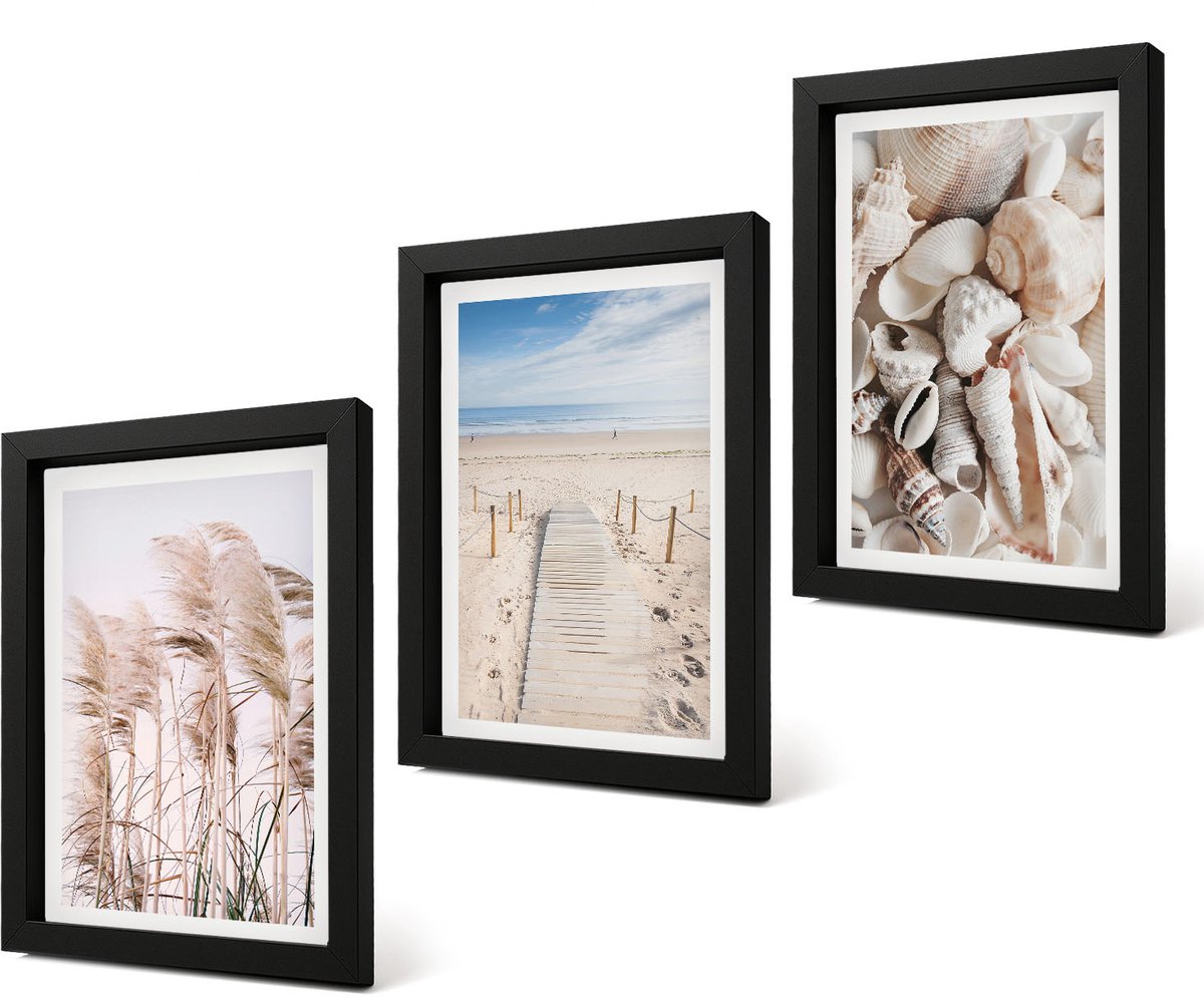 Coloray 4-Delige Schilderij Set - Zandstrand met schelpen en zeegras - 20 x 30 cm - Wanddecoratie - Schilderijen Set - Interieur