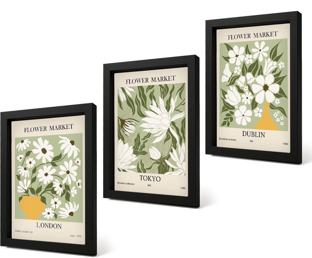 Coloray 4-Delige Schilderij Set - Bloemenposterontwerpen Londen Tokio Dublin - 20 x 30 cm - Muurdecoratie - Interieur Decoratie - Wanddecoratie
