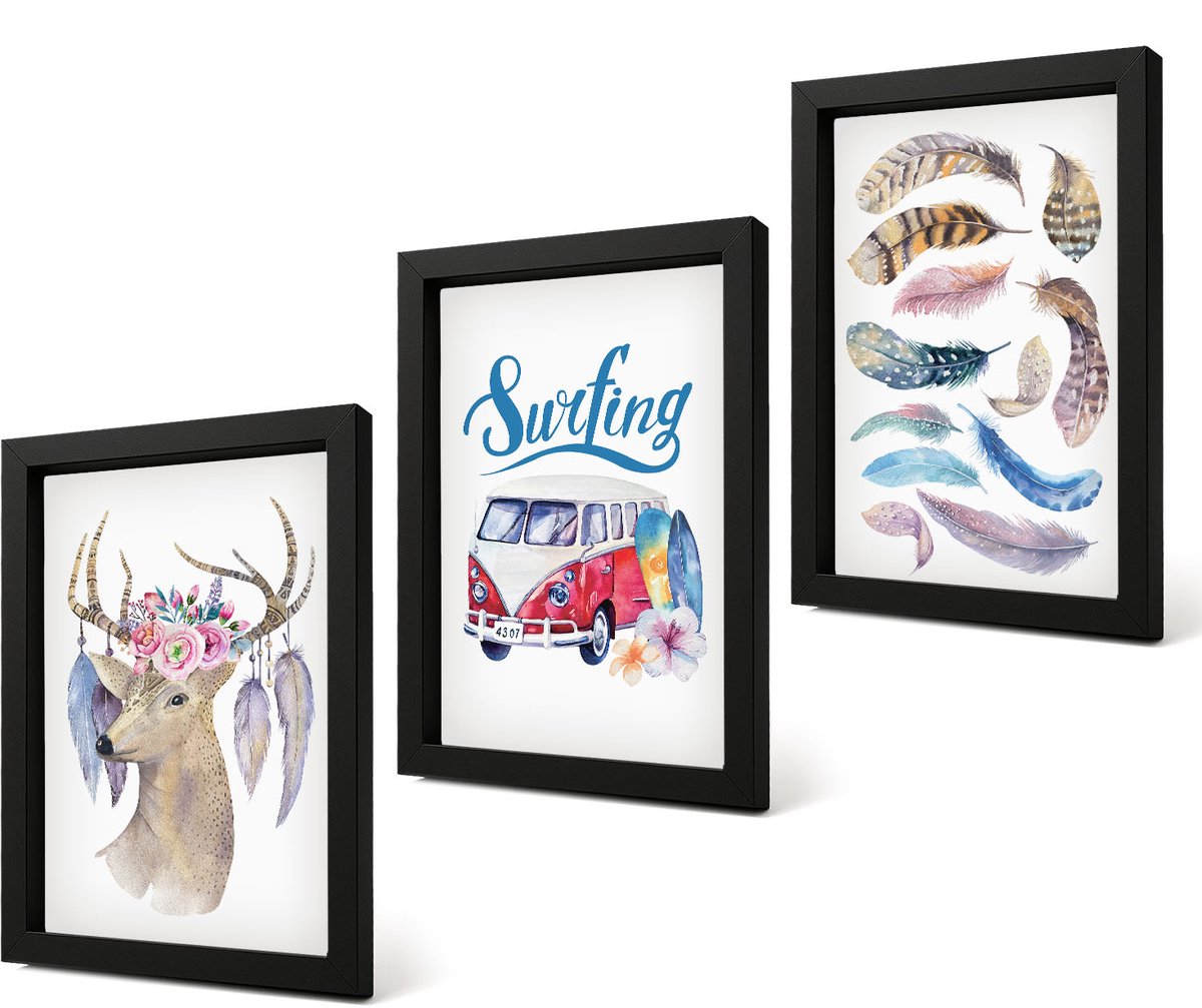 Coloray 4-Delige Schilderij Set - Hert met gewei, bloemen en veren, vakantiebusje - 20 x 30 cm - Muurdecoratie - Schilderijen Set - Woonkamer - Moderne Wanddecoratie