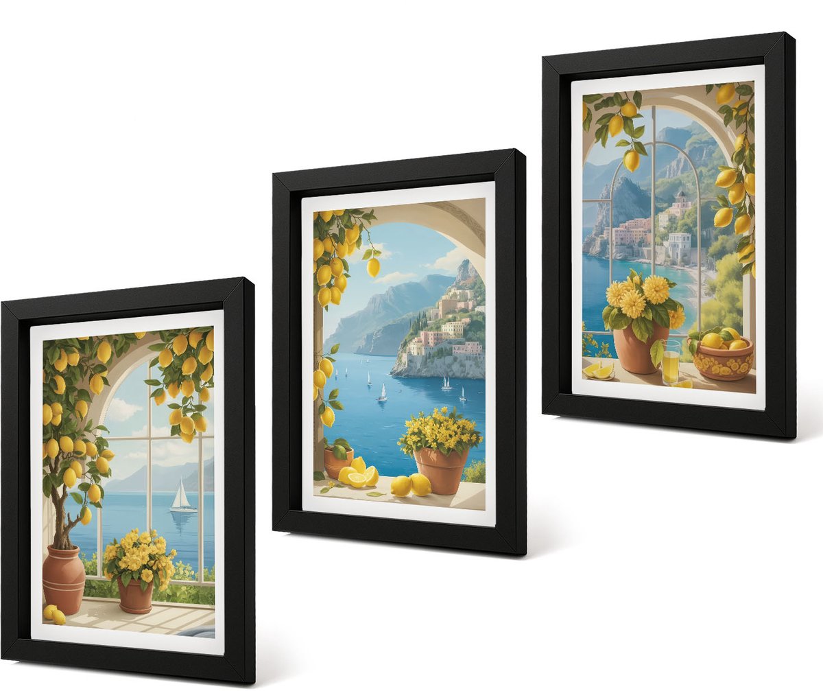 Coloray 4-Delige Schilderij Set - Zeegezichten met Italiaanse citroenen in de ramen. - 20 x 30 cm - Stijlvolle Muurdecoratie - Slaapkamer - Woonkamer Decoratie