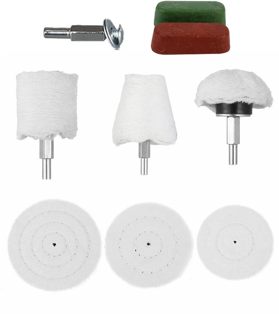 9-delige polijstset - inclusief polijstpasta en boortjes - voor spiegelpolijsten en waxen - autodetailing - steeldiameter van 6 mm - inclusief witte polijstdoeken - wit