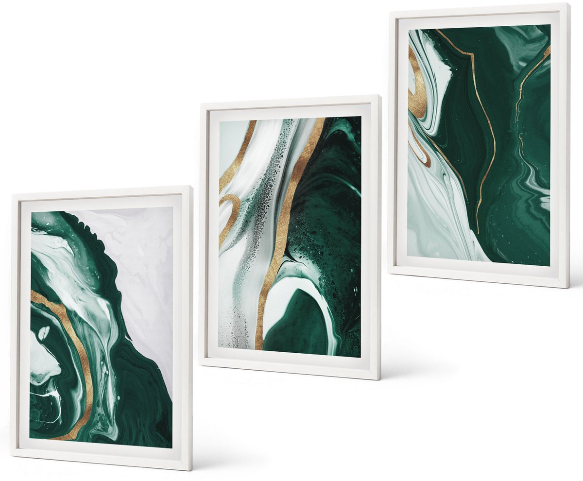 Coloray 3-Delige Schilderij Set - Abstracte Verfpatronen In Groen En Wit - 40 x 60 - Moderne Wanddecoratie - Woonkamer - Stijlvolle Muurdecoratie