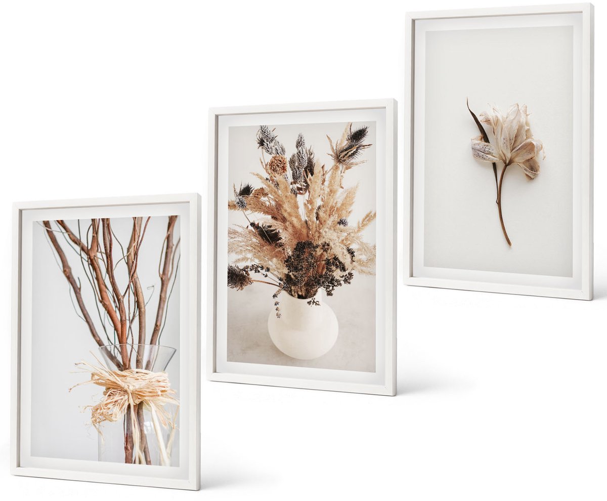 Coloray 3-Delige Schilderij Set - Bloemen En Takken In Een Minimalistische, Natuurlijke Stijl. - 40 x 60 - Wanddecoratie - Schilderijen Set - Interieur - Muurdecoratie