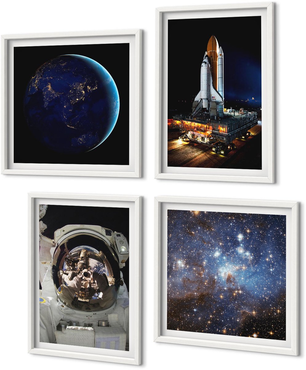 Coloray 4-Delige Schilderij Set - Ruimtebeelden Met De Aarde, Astronaut En Raket - 40 x 40 En 40 x 60 - Decoratieve Schilderijen - Wanddecoratie - Hal