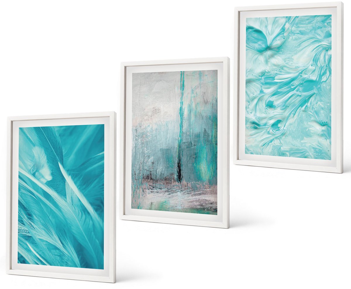 Coloray 3-Delige Schilderij Set - Verschillende Blauwtinten In Delicate Abstracte Patronen - 40 x 60 - Wanddecoratie - Muurdecoratie - Moderne Interieurdecoratie