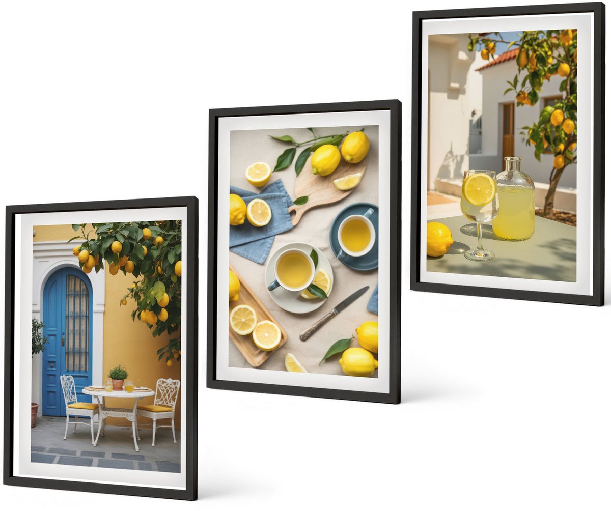 Coloray 3-Delige Schilderij Set - Citroenen Limonade Blauwe Deur Zomer Uitzichten - 40 x 60 cm - Wanddecoratie - Schilderijen Set - Interieur - Decoratieve Schilderijen Zwarte lijst