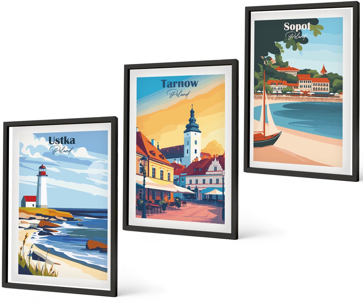 Coloray 3-Delige Schilderij Set - Uitzicht Op De Poolse Steden Ustka Tarnów Sopot - 40 x 60 cm - Decoratieve Schilderijen - Woonkamer - Interieur