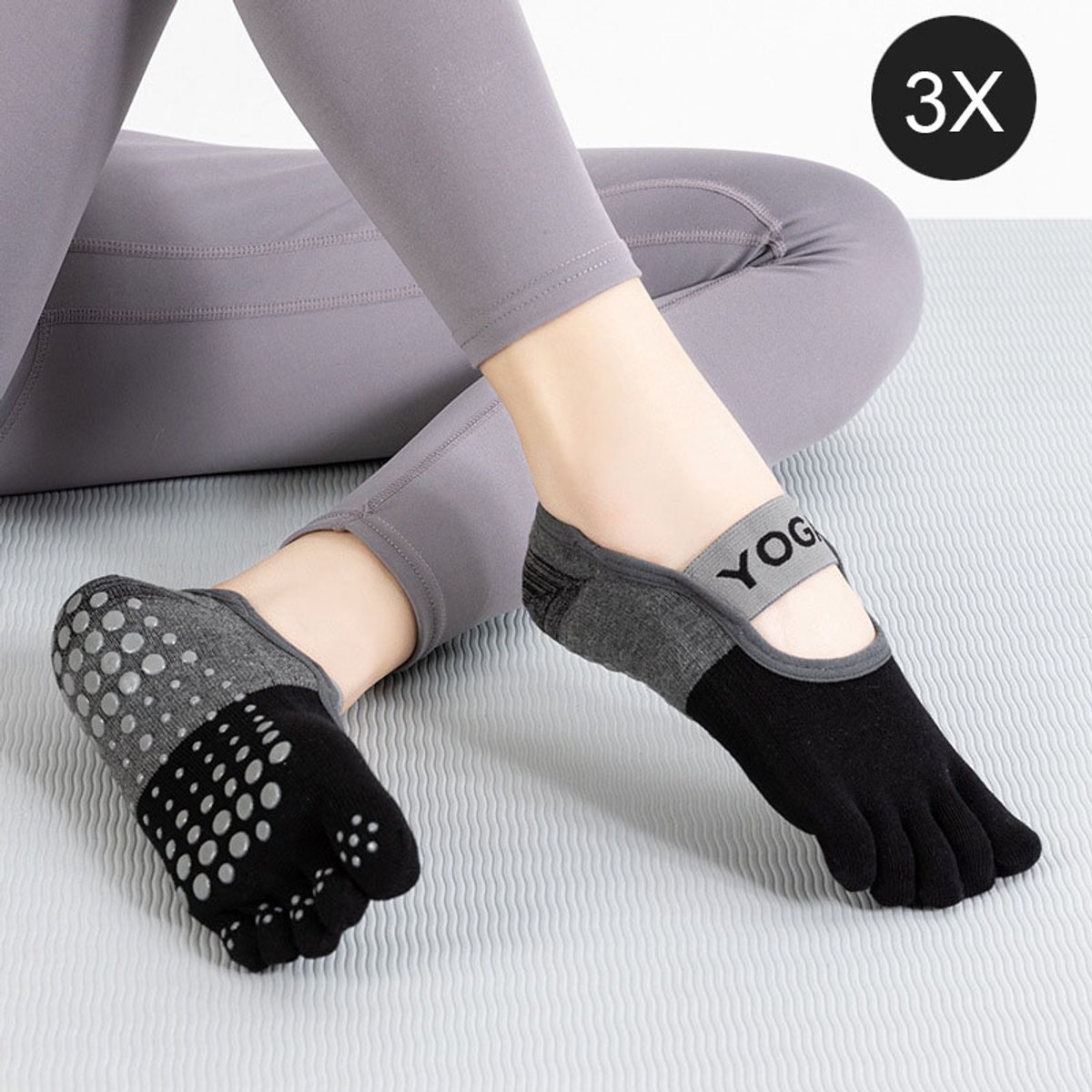 3 Paar Yogasokken - Sportsokken - Teensokken - Antislipsokken - Vloersokken - Pilates Sokken - Geschikt voor Yoga, Ballet, Dans en Barre Training - Zwart