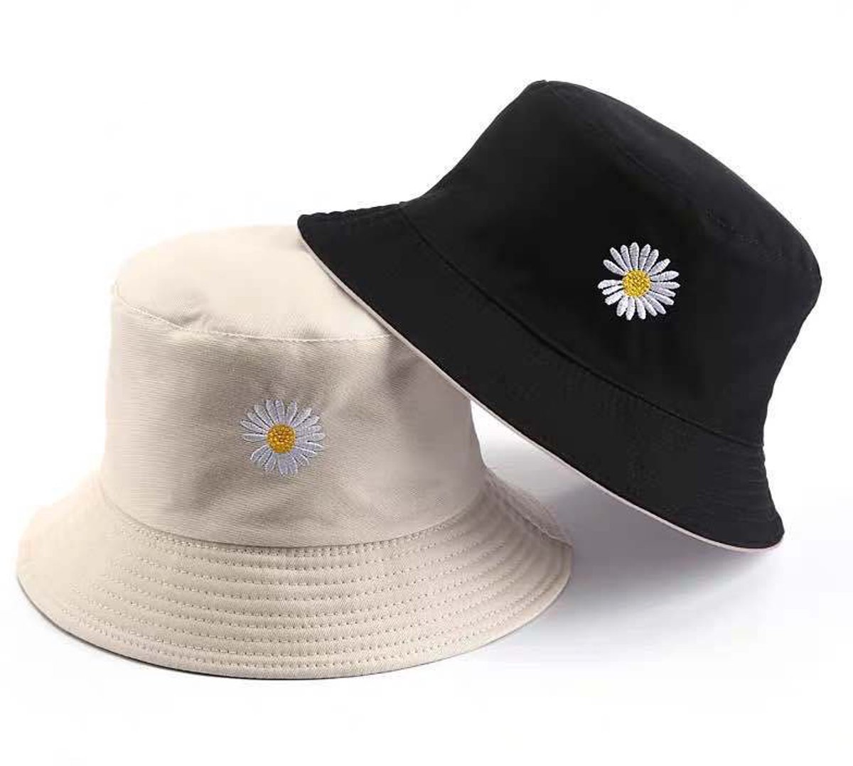 2 stuks Zonnehoed voor dames – Omkeerbare bucket hat met bloemenprint – Omkeerbare katoenen hoed – Strandhoed – Zomerse reishoed – Omkeerbaar – Zwart & beige