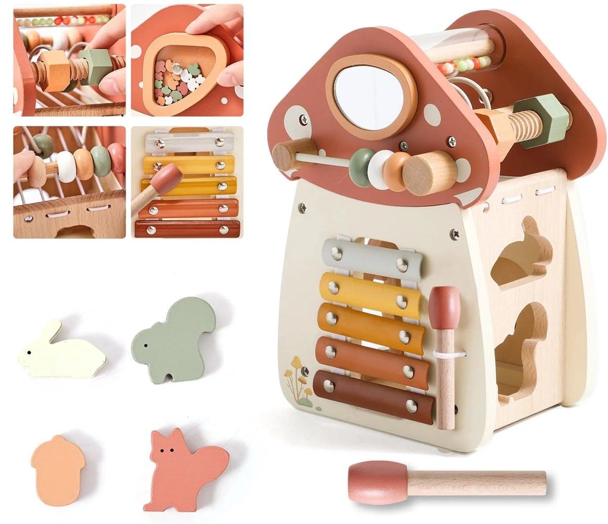 Casalora Montessori Houten Bijtspeelgoed - Geschikt voor Kinderen Vanaf 1 jaar - 5-in-1 Ontwerp - Roze Paddenstoel - Leuk en Leerzaam Speelgoed - Houten Speelgoed voor Kinderen - Kubus Speelgoed - Speelgoedset - Cadeaus voor Jongens en Meisjes