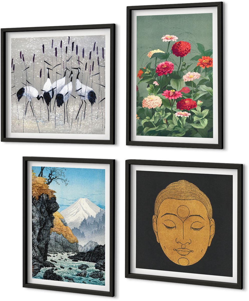 Coloray 4-Delige Schilderij Set - Japanse Natuur En Cultuur In Japandi-Stijl - 40 x 40 cm En 40 x 60 cm - Muurdecoratie - Wanddecoratie - Slaapkamer - Decoratieve Schilderijen Zwarte lijst