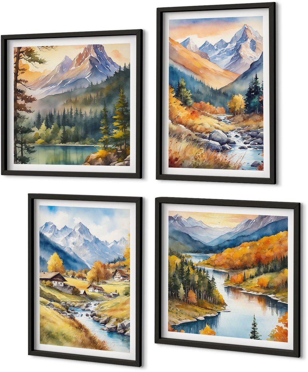 Coloray 4-Delige Schilderij Set - Berglandschap Met Een Rivier En Huisjes In Herfstkleuren. - 40 x 40 cm En 40 x 60 cm - Wanddecoratie - Schilderijen Set - Interieur - Interieur Decoratie Zwarte lijst