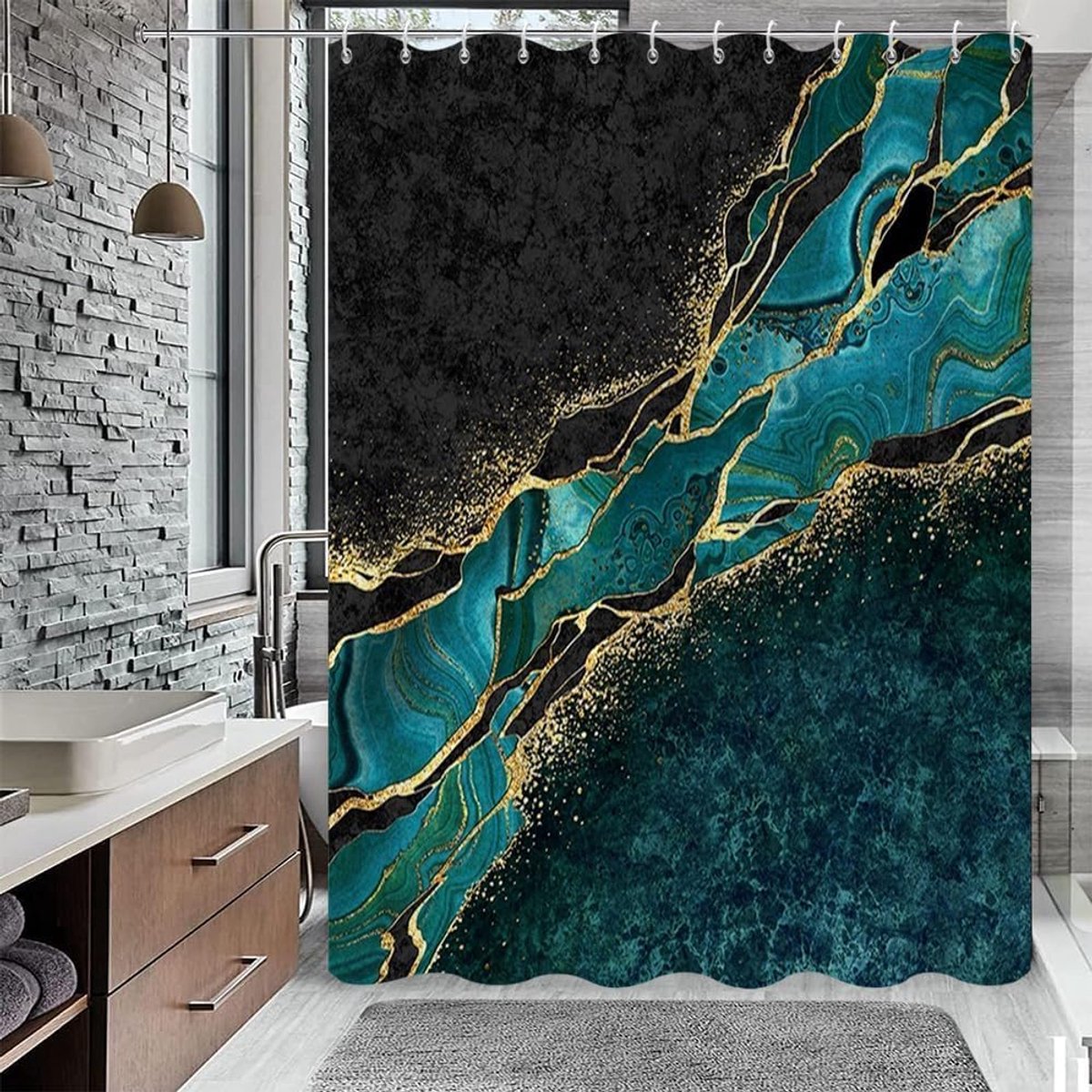 Douchegordijn, 180 x 200 cm, groen-zwart met gouden scheuren, moderne luxe marmer-inktkunst, waterdichte stof - ShopVlot