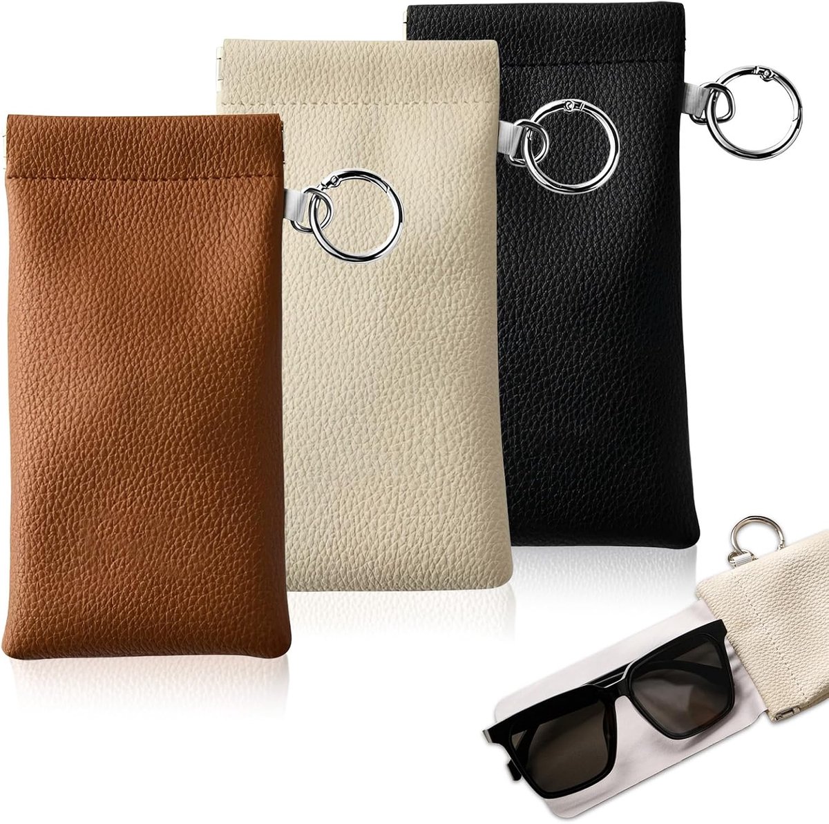 Pack of 3 PU Leather Glasses Case Soft with Glasses Cleaning Cloth and Hanging Ring - ShopVlot
