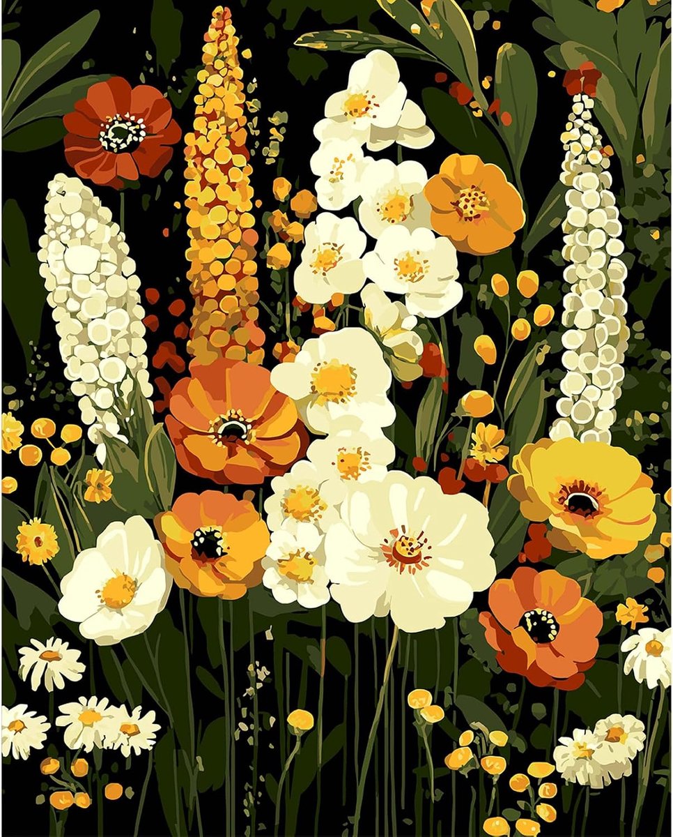 QENSPE Witte bloemen schilderen op nummer voor volwassenen, 40 x 50 cm, schilderen op nummers, planten - ShopVlot