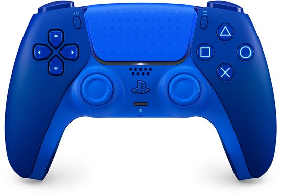 Manette DualSense sans fil bleu vif avec boutons bleus et un motif subtil en losange sur le pavé tactile.