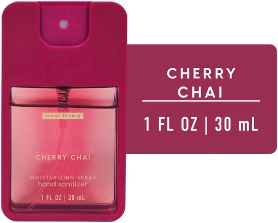 Donkerrode spuitfles handdesinfectiemiddel met 'CHERRY CHAI' tekst, 30 ml.