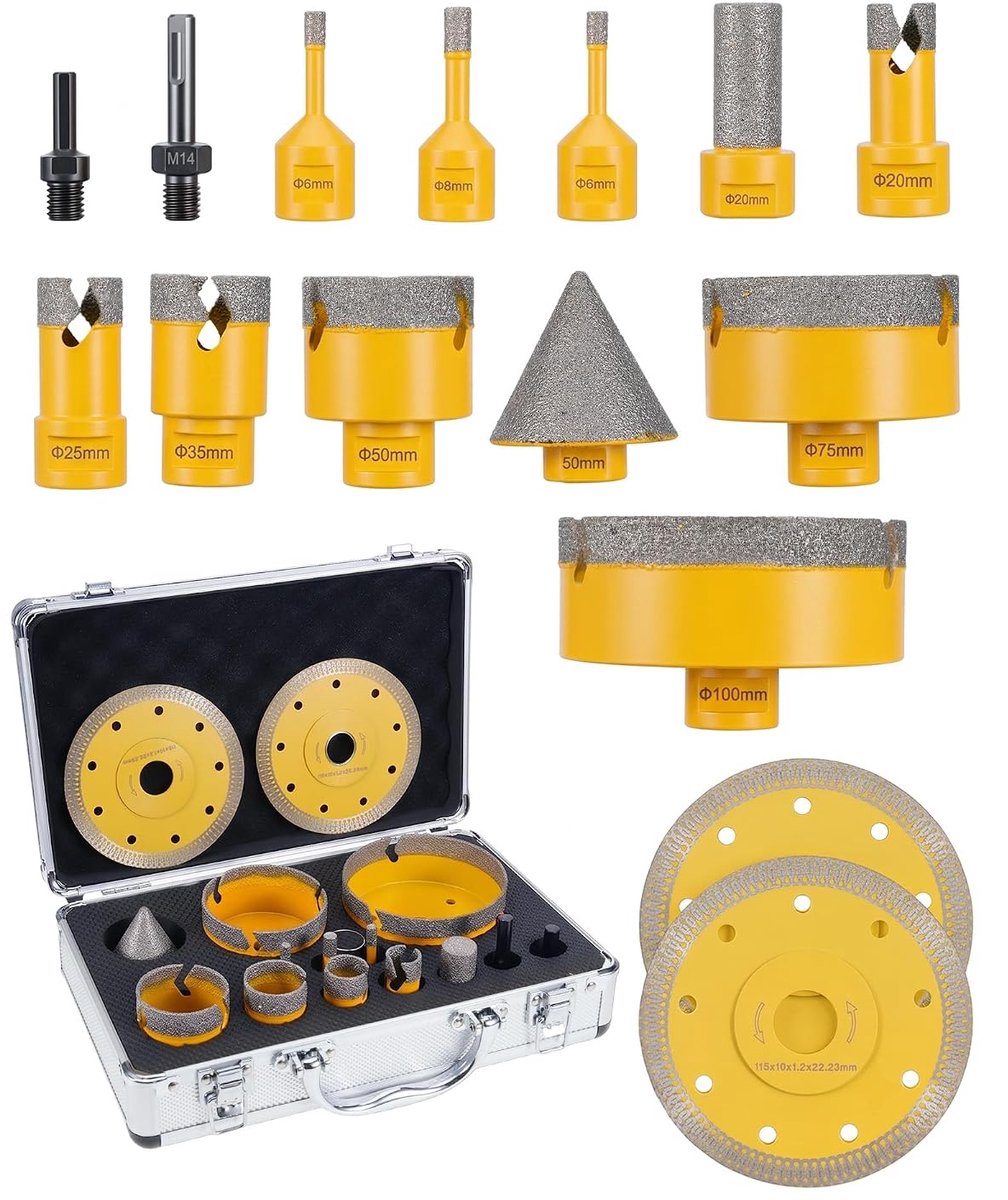 Upgrade professionele tegelboorset, 15-delig, diamantboor tegels met diamantboorkroon M14 6/6/8/20/25/35/50/75/100 mm - ShopVlot