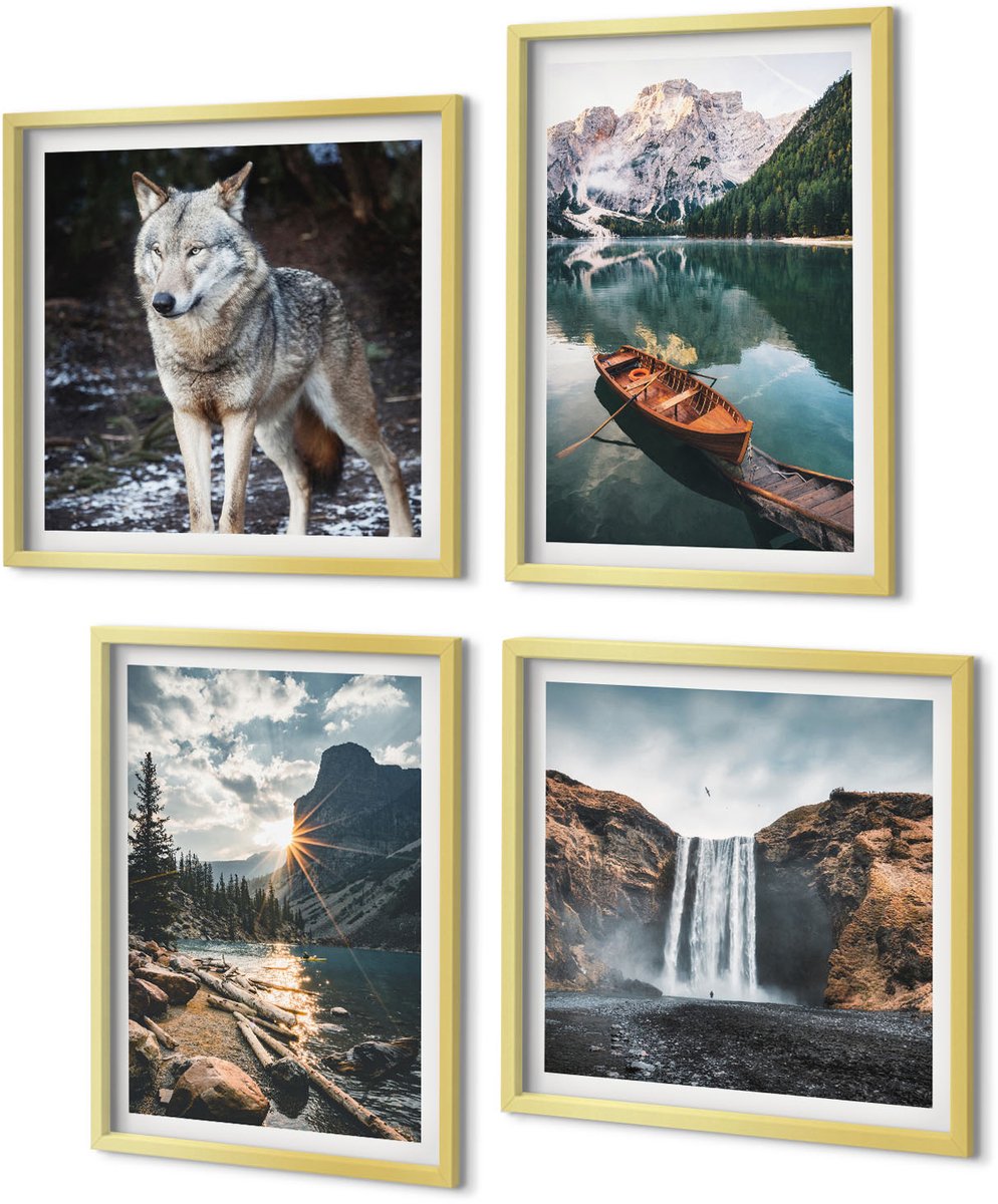 Coloray 4-Delige Schilderij Set - Bergen, meren, watervallen en wolven in een natuurlijke omgeving. - 40 x 40 cm en 40 x 60 cm - Stijlvolle Muurdecoratie - Kantoor - Wanddecoratie