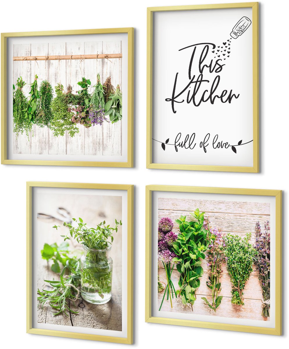 Coloray 4-Delige Schilderij Set - Keukenmotief Inscriptie Gedroogde kruiden - 40 x 40 cm en 40 x 60 cm - Moderne Wanddecoratie - Slaapkamer