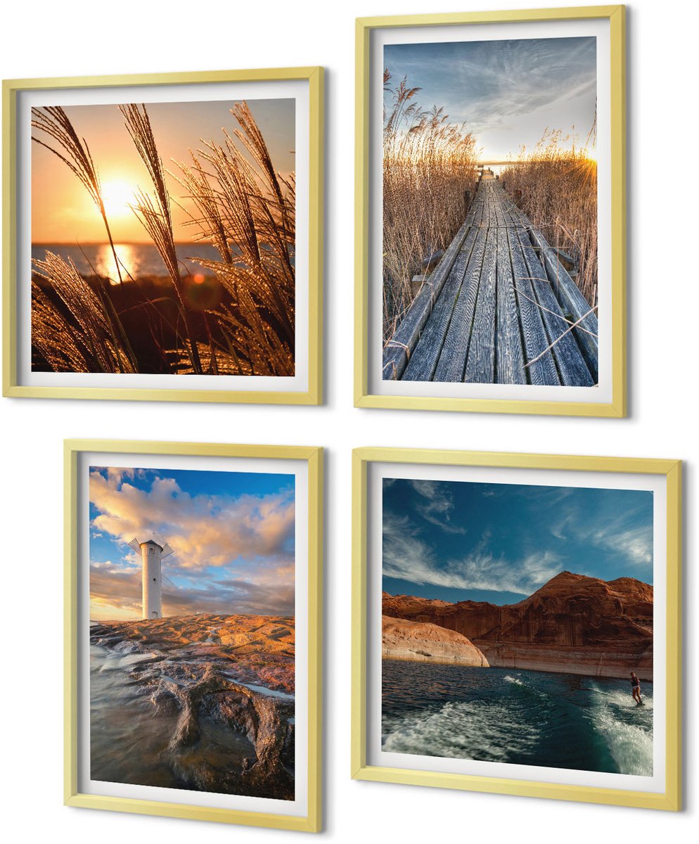 Coloray 4-Delige Schilderij Set - Uitzicht op de vuurtoren over de zee, het gras en een houten pier. - 40 x 40 cm en 40 x 60 cm - Wanddecoratie - Moderne Interieurdecoratie - Woonkamer Decoratie