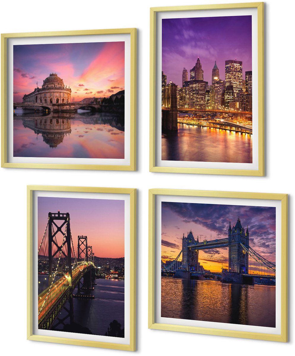 Coloray 4-Delige Schilderij Set - Bruggen bij zonsondergang en stedelijke landschappen - 40 x 40 cm en 40 x 60 cm - Muurdecoratie - Wanddecoratie - Slaapkamer - Moderne Wanddecoratie