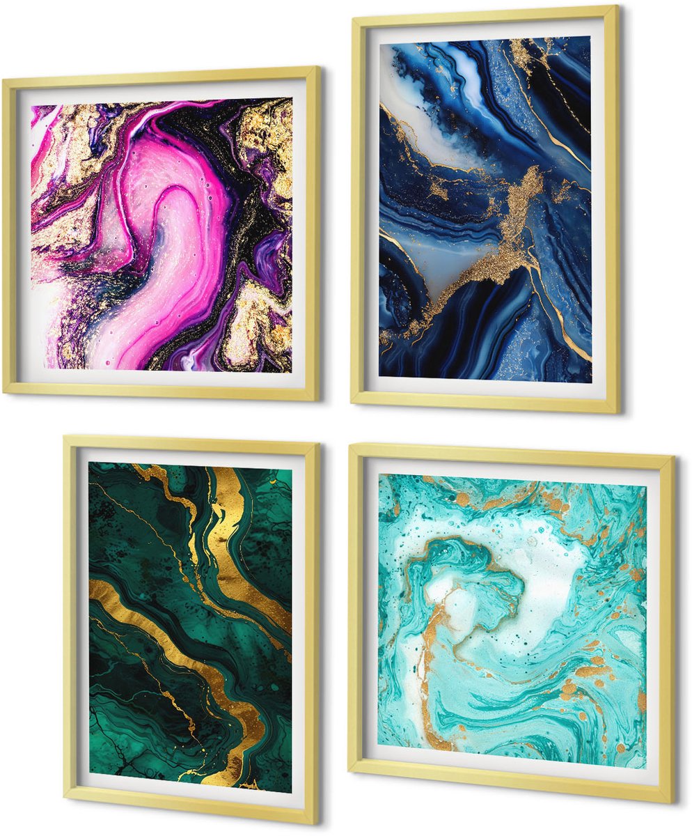 Coloray 4-Delige Schilderij Set - Abstracte patronen in tinten roze, groen en blauw. - 40 x 40 cm en 40 x 60 cm - Moderne Wanddecoratie - Woonkamer - Muurdecoratie