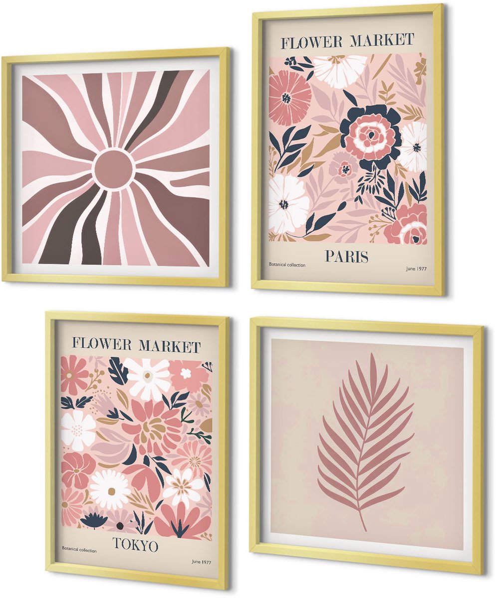 Coloray 4-Delige Schilderij Set - Bloemmotieven met bladeren en geometrische vormen - 40 x 40 cm en 40 x 60 cm - Moderne Wanddecoratie - Woonkamer