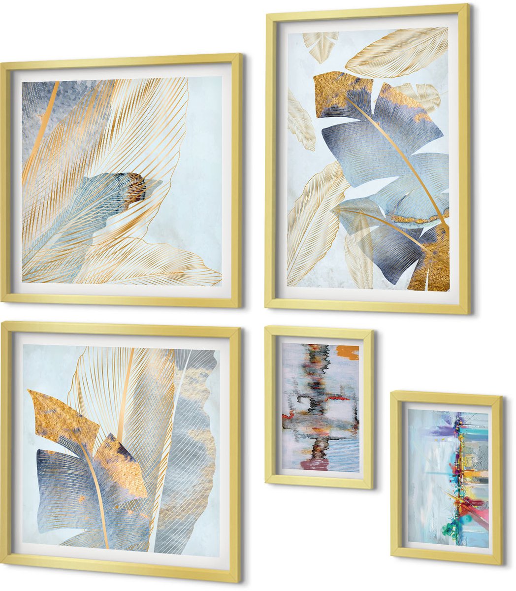 Coloray 5-Delige Schilderij Set - Plantmotieven Met Moderne Artistieke Accenten - 50 x 50 cm, 20 x 30 cm En 40 x 60 cm - Wanddecoratie - Muurdecoratie - Moderne Interieurdecoratie