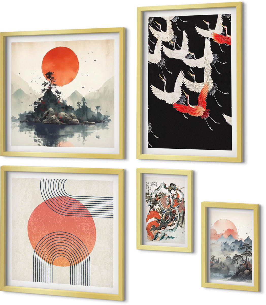 Coloray 5-Delige Schilderij Set - Japanse Kunst: Motieven Uit De Natuur En Traditie In Een Moderne Stijl - 50 x 50 cm, 20 x 30 cm En 40 x 60 cm - Wanddecoratie - Schilderijen Set - Kantoor - Interieur Decoratie