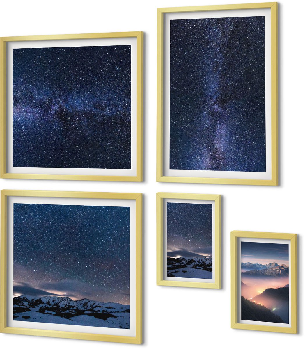 Coloray 5-Delige Schilderij Set - Kosmische Landschappen Van De Nachtelijke Hemel En De Sterren - 50 x 50 cm, 20 x 30 cm En 40 x 60 cm - Stijlvolle Muurdecoratie - Slaapkamer