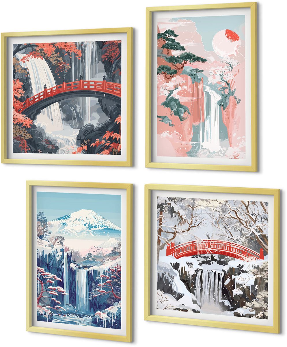 Coloray 4-Delige Schilderij Set - Watervallen, bergen met een brug en bloeiende bomen - 40 x 40 cm en 40 x 60 cm - Muurdecoratie - Decoratieve Schilderijen - Wohnzimmer - Interieur Decoratie
