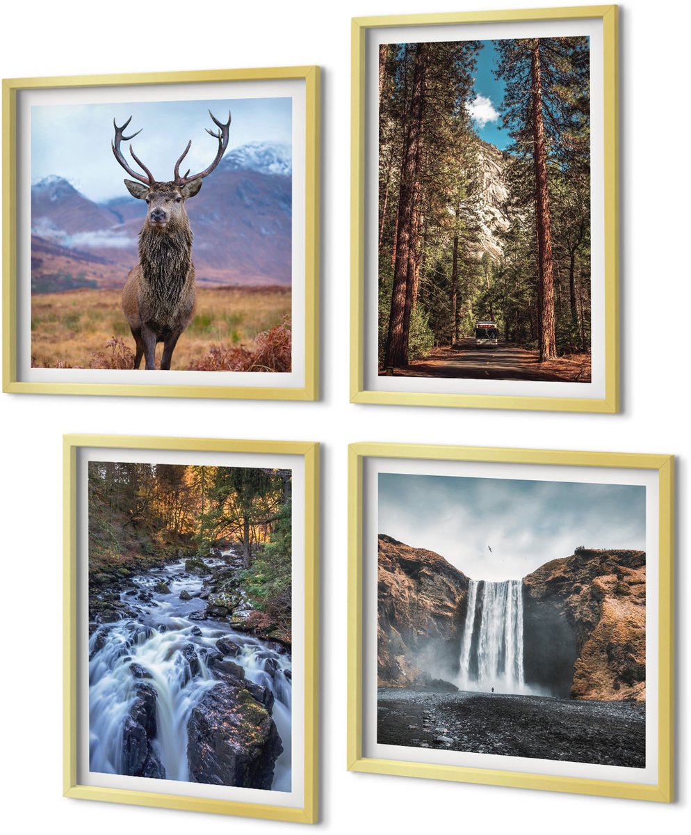 Coloray 4-Delige Schilderij Set - Waterval in het bosgebergte en herten in de natuur - 40 x 40 cm en 40 x 60 cm - Muurdecoratie - Schilderijen Set - Woonkamer - Woonkamer Decoratie