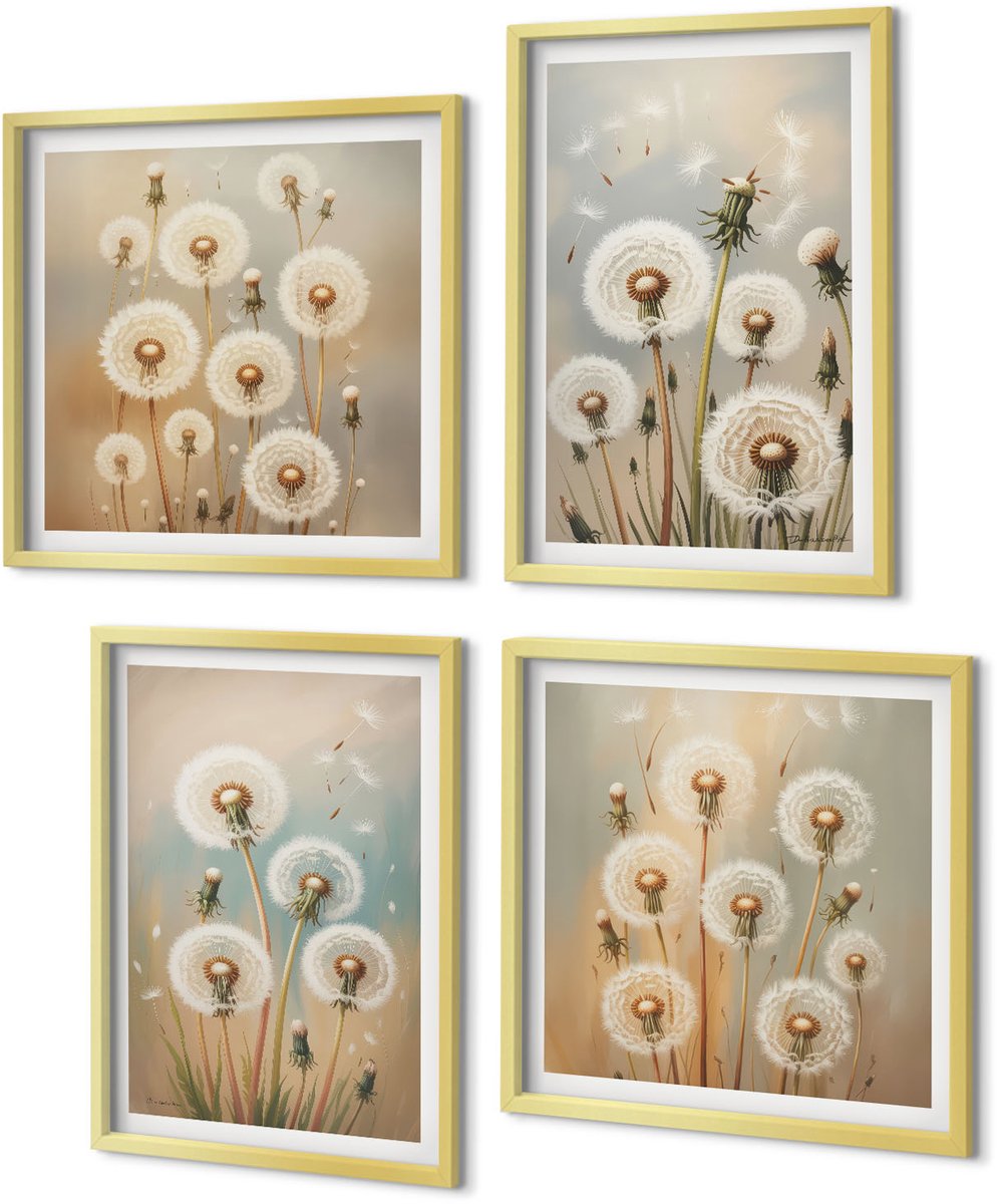 Coloray 4-Delige Schilderij Set - Paardenbloemen op een pastelkleurige achtergrond - 40 x 40 cm en 40 x 60 cm - Stijlvolle Muurdecoratie - Slaapkamer - Woonkamer Decoratie