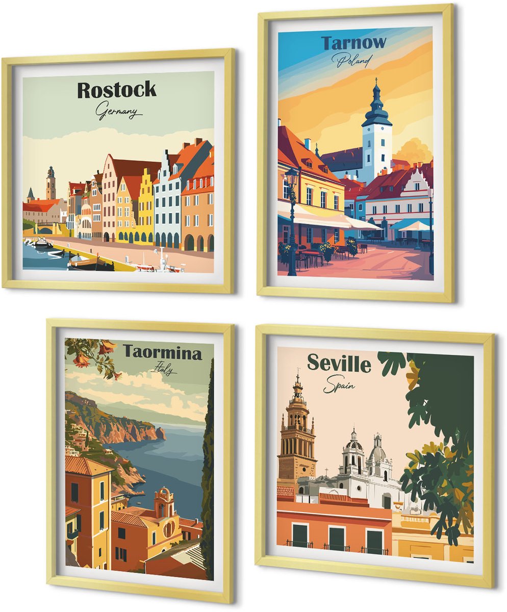 Coloray 4-Delige Schilderij Set - Uitzichten op kuststeden en hun architectuur - 40 x 40 cm en 40 x 60 cm - Decoratieve Muurdecoratie - Slaapkamer - Interieur Decoratie
