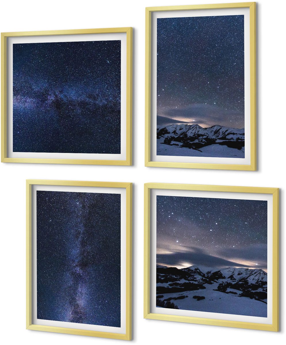 Coloray 4-Delige Schilderij Set - Nachtelijke hemel met sterren en berglandschap - 40 x 40 cm en 40 x 60 cm - Decoratieve Muurdecoratie - Slaapkamer