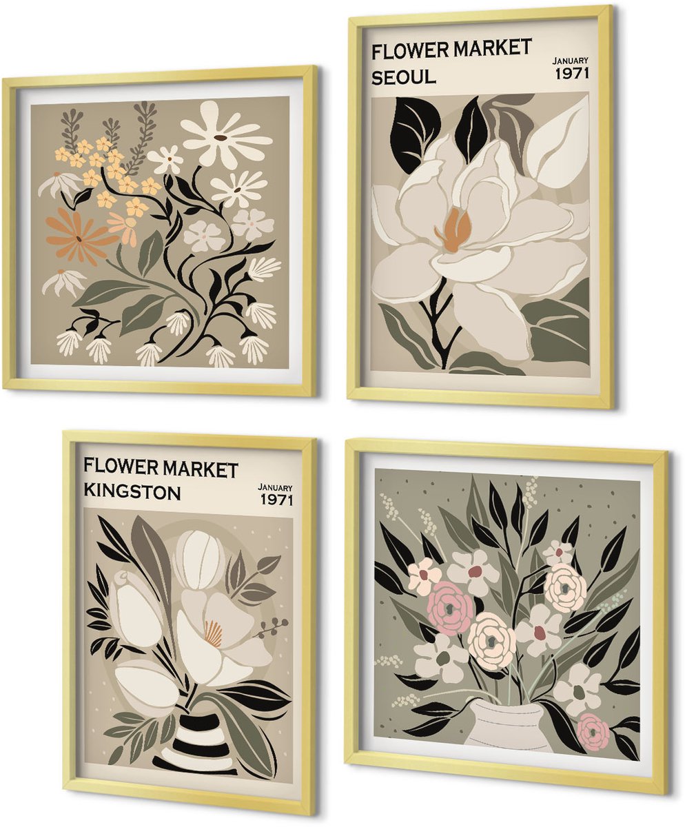 Coloray 4-Delige Schilderij Set - Retro bloemen uit verschillende steden over de hele wereld - 40 x 40 cm en 40 x 60 cm - Stijlvolle Wanddecoratie - Interieur - Moderne Wanddecoratie