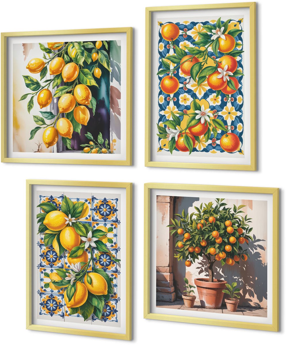 Coloray 4-Delige Schilderij Set - Posters met citrusvruchten en kleurrijke abstracte patronen - 40 x 40 cm en 40 x 60 cm - Decoratieve Schilderijen - Woonkamer - Interieur - Interieur Decoratie