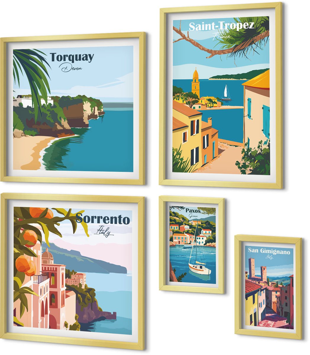 Coloray 5-Delige Schilderij Set - Landschappen Van Europese Kustplaatsen - 50 x 50 cm, 20 x 30 cm En 40 x 60 cm - Stijlvolle Muurdecoratie - Kantoor - Wanddecoratie