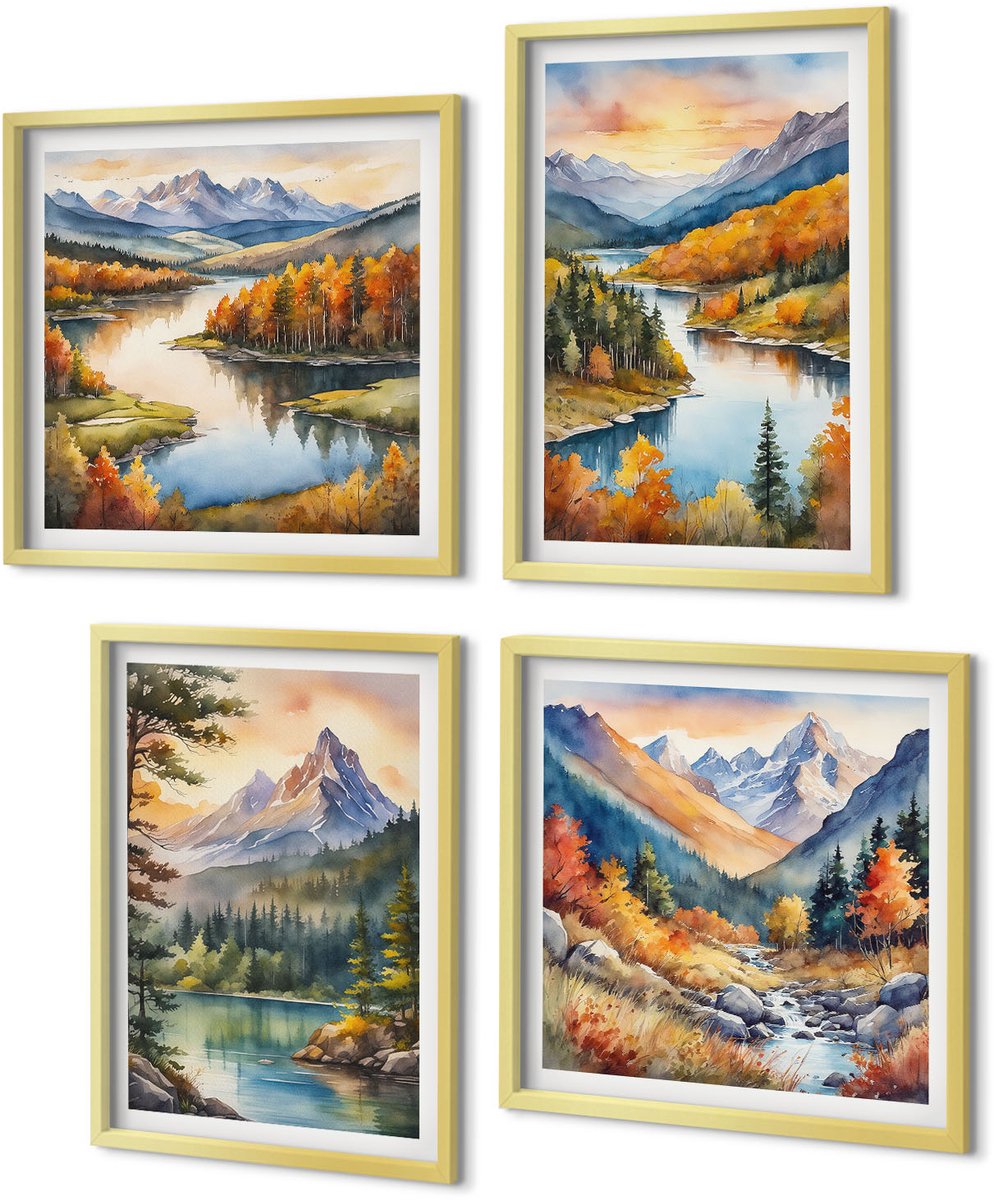 Coloray 4-Delige Schilderij Set - Berglandschappen met een rivier en kleurrijke bomen - 40 x 40 cm en 40 x 60 cm - Stijlvolle Muurdecoratie - Slaapkamer - Woonkamer Decoratie