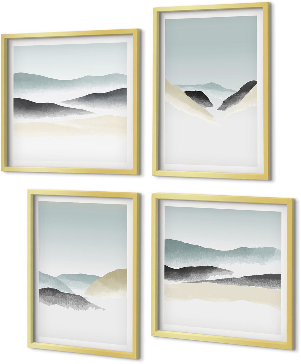 Coloray 4-Delige Schilderij Set - Minimalistische bergen in delicate pasteltinten - 40 x 40 cm en 40 x 60 cm - Decoratieve Muurdecoratie - Slaapkamer - Stijlvolle Muurdecoratie