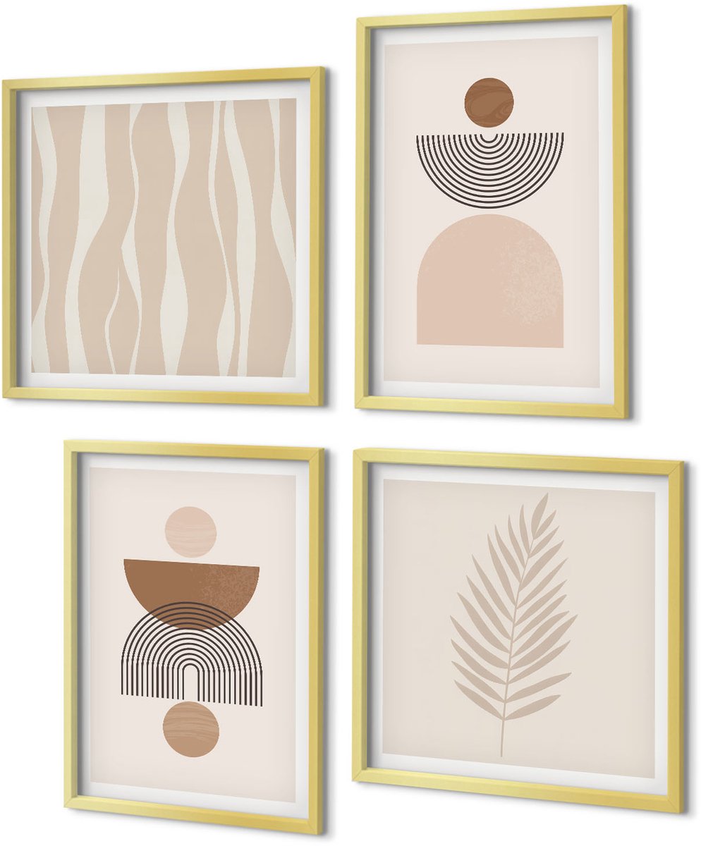 Coloray 4-Delige Schilderij Set - Abstracte vormen in bruine en beige tinten - 40 x 40 cm en 40 x 60 cm - Decoratieve Schilderijen - Wanddecoratie - Hal - Interieur Decoratie