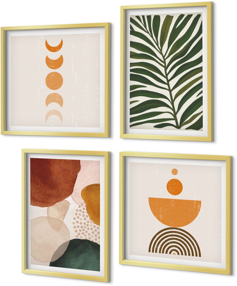 Coloray 4-Delige Schilderij Set - Abstracte vormen in warme kleuren en bladeren - 40 x 40 cm en 40 x 60 cm - Stijlvolle Muurdecoratie - Slaapkamer - Moderne Wanddecoratie