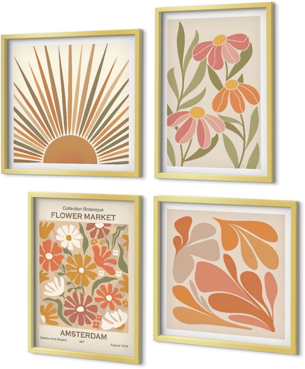 Coloray 4-Delige Schilderij Set - Bloemen in pastelkleuren met zonnestralen - 40 x 40 cm en 40 x 60 cm - Stijlvolle Muurdecoratie - Kantoor